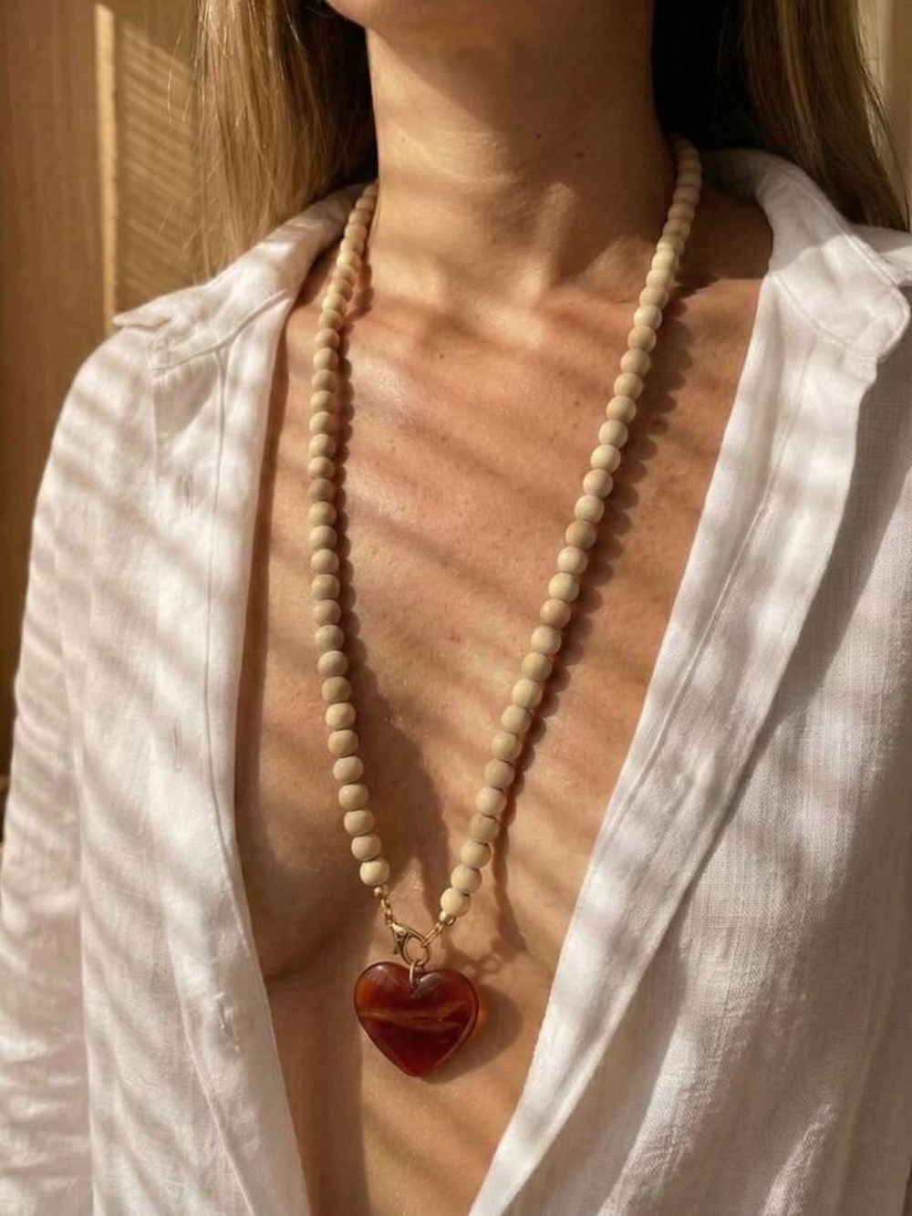 Beaded Necklace with Amber Heart Pendant